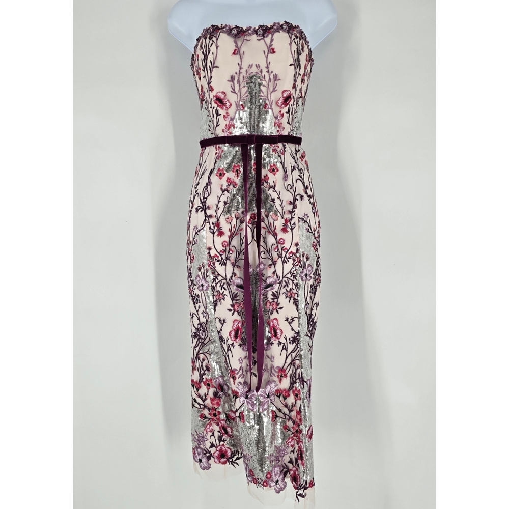 Marchesa Notte Floral Embellished Strapless Midi Dress Cocktail Wedding Size 2 - Picture 2 of 13